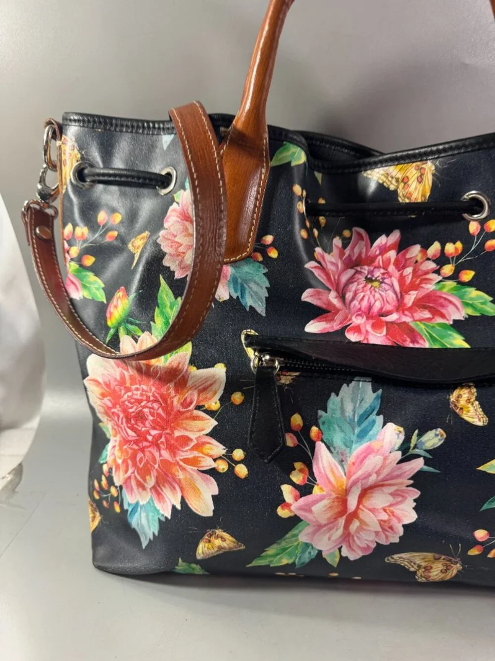 Cavalcanti Italian Black Leather Floral Spring Summer Drawstring Satchel Bag